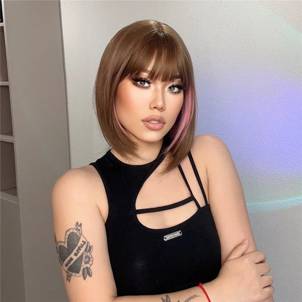 HENRY MARGU Brown Short Bob Straight Wigs with Pink Highlight Women Brown Daily Wig Synthetic Hair Wig with Bangs Heat Resistant