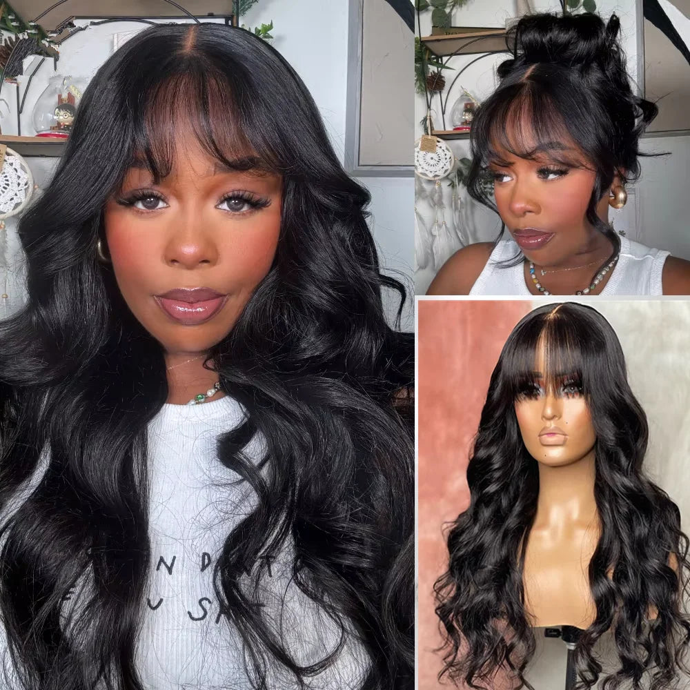 30 Inch 3x1 Middle Part Lace Wig Body Wave Wigs With Bangs Glueless Human Hair Wigs 200% Density Machine Made Wigs For Women