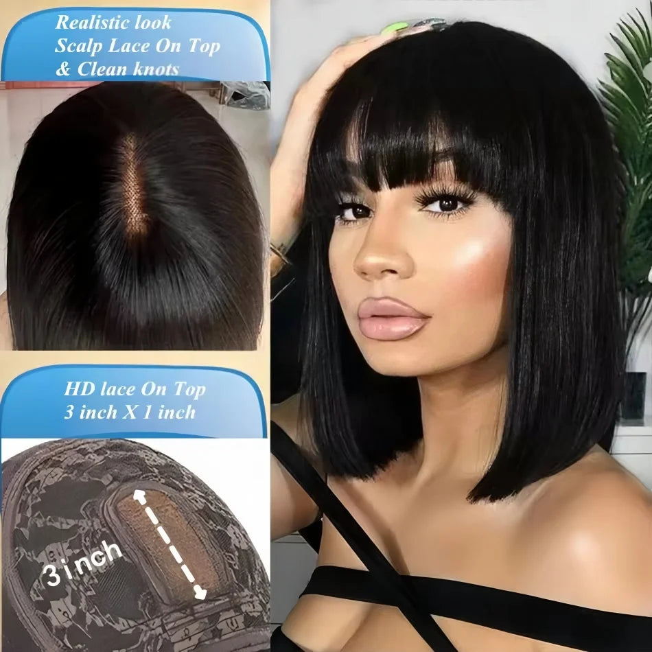 3X1 Middle Part Lace Bob Wig Bone Straight Human Hair Wigs With Bangs Brazilian Full Machine Made 100% Human Hair Wigs For Women