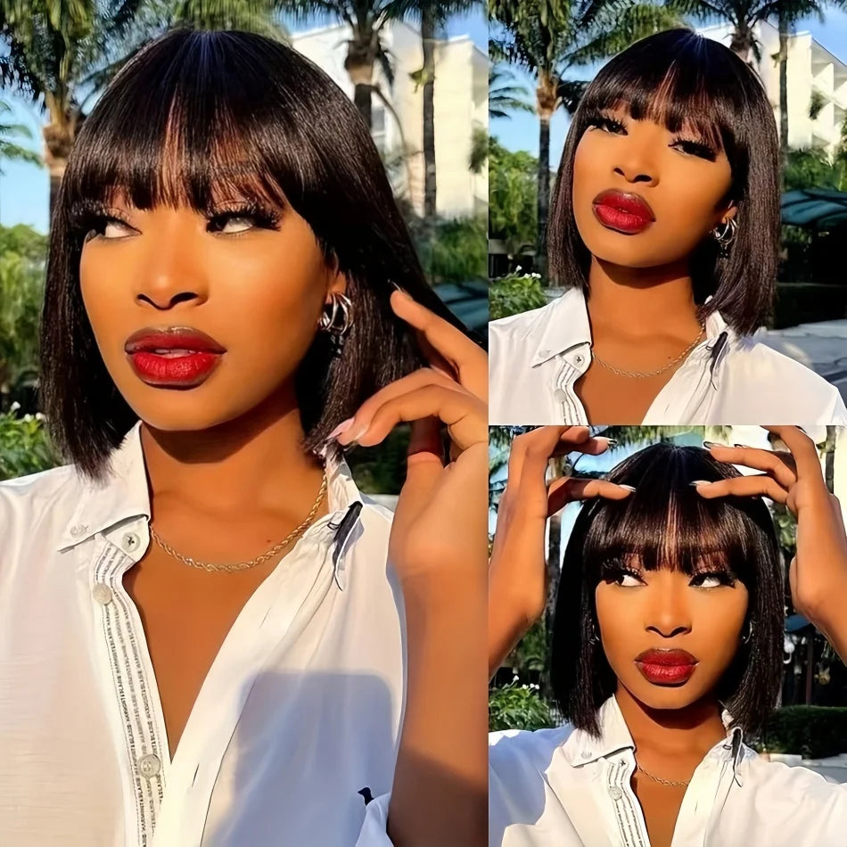 3X1 Middle Part Lace Bob Wig Bone Straight Human Hair Wigs With Bangs Brazilian Full Machine Made 100% Human Hair Wigs For Women