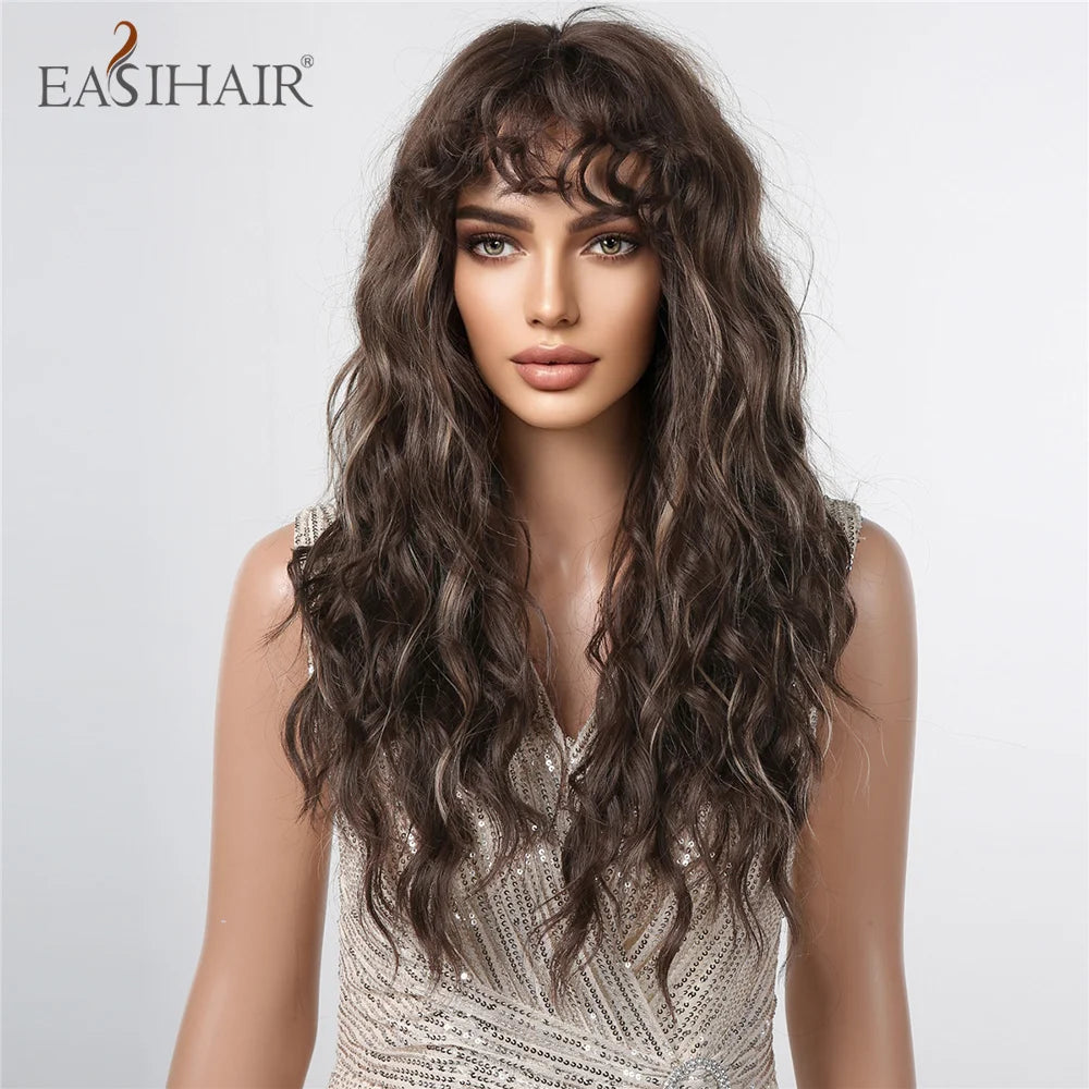 EASIHAIR Brown Black Kinky Curly Wave Synthetic Wigs with Bangs Deep Wave Long Hair Wigs for Women Daily Cosplay Heat Resistant