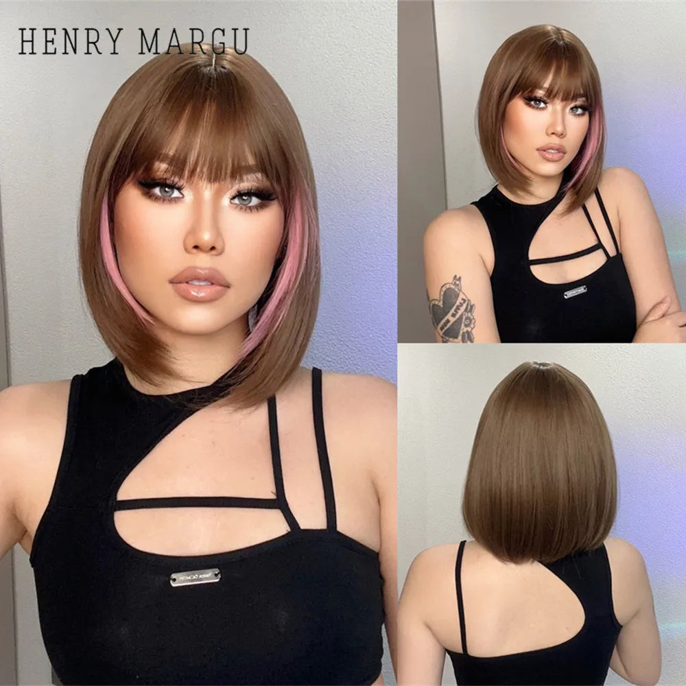 HENRY MARGU Brown Short Bob Straight Wigs with Pink Highlight Women Brown Daily Wig Synthetic Hair Wig with Bangs Heat Resistant