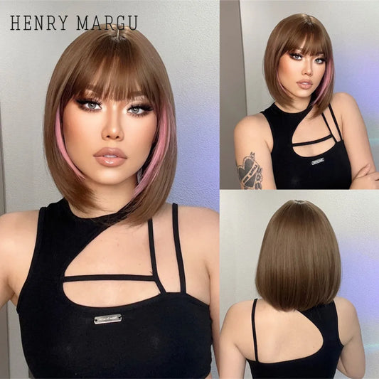 HENRY MARGU Brown Short Bob Straight Wigs with Pink Highlight Women Brown Daily Wig Synthetic Hair Wig with Bangs Heat Resistant