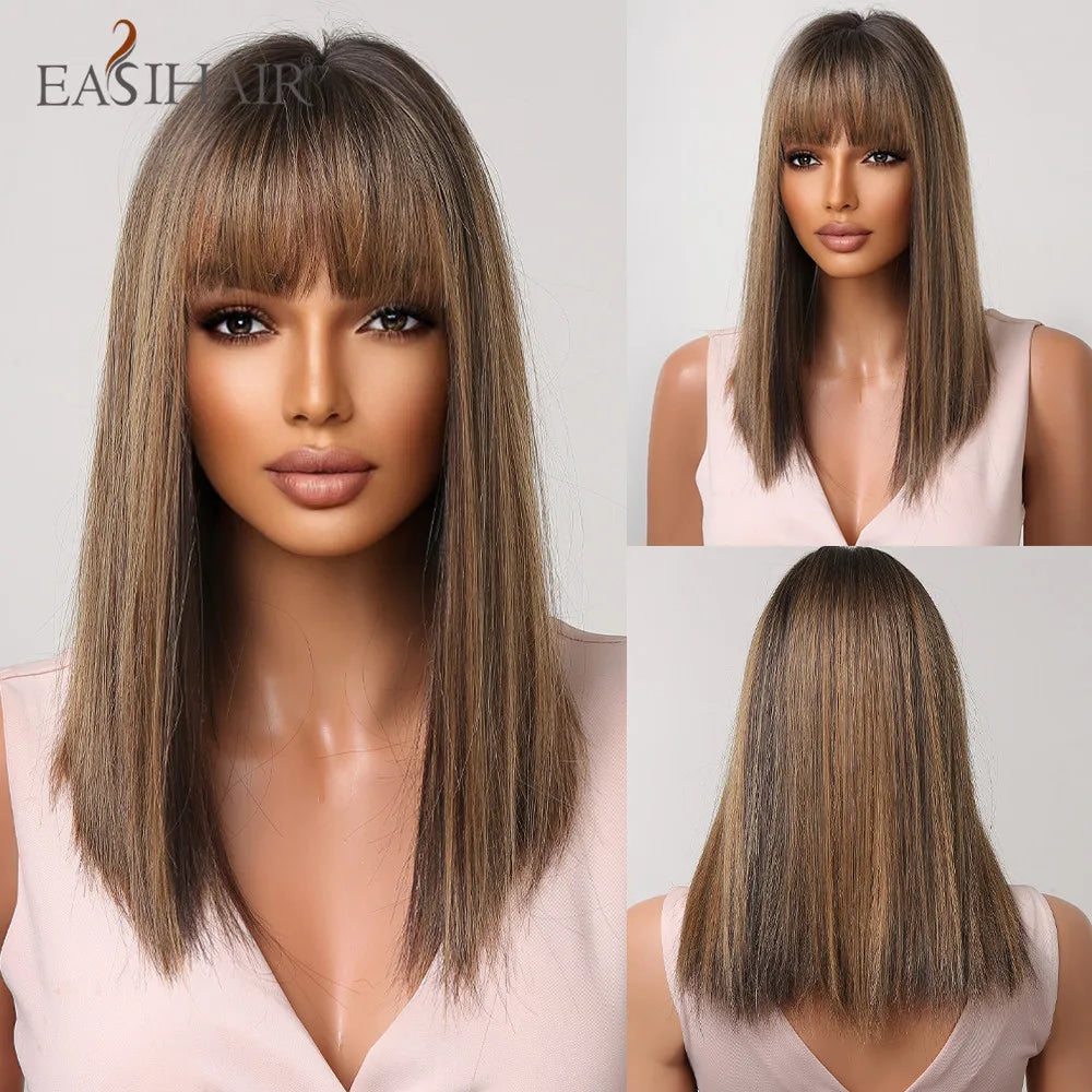 EASIHAIR Copper Ginger Synthetic Wigs with Bangs Medium Length Straight Hair Wig for Women Daily Cosplay Natural Heat Resistant
