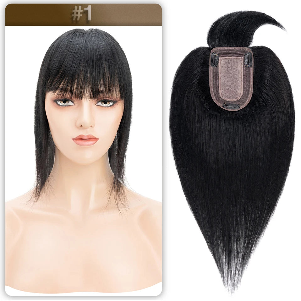 S-noilite Women Toppers Hair With Bangs Human Hair 7x13cm Silk Base Hair Cilp Wig Clip In Hair Extensions Hairpiece Natutal Hair