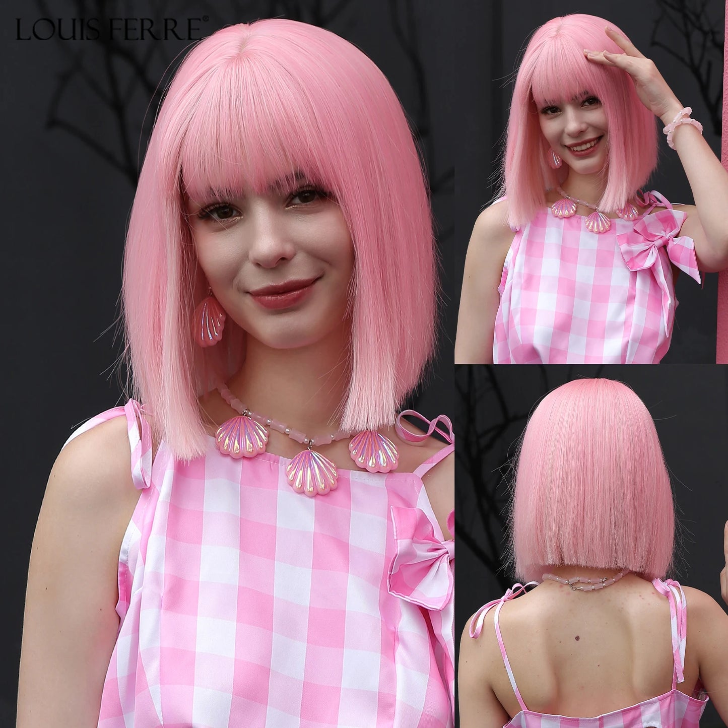 LOUIS FERRE Short Light Pink Bob Wigs With Bangs Natural Synthetic Wigs for Women Daily Cosplay Hair Heat Resistant Fibre Wig