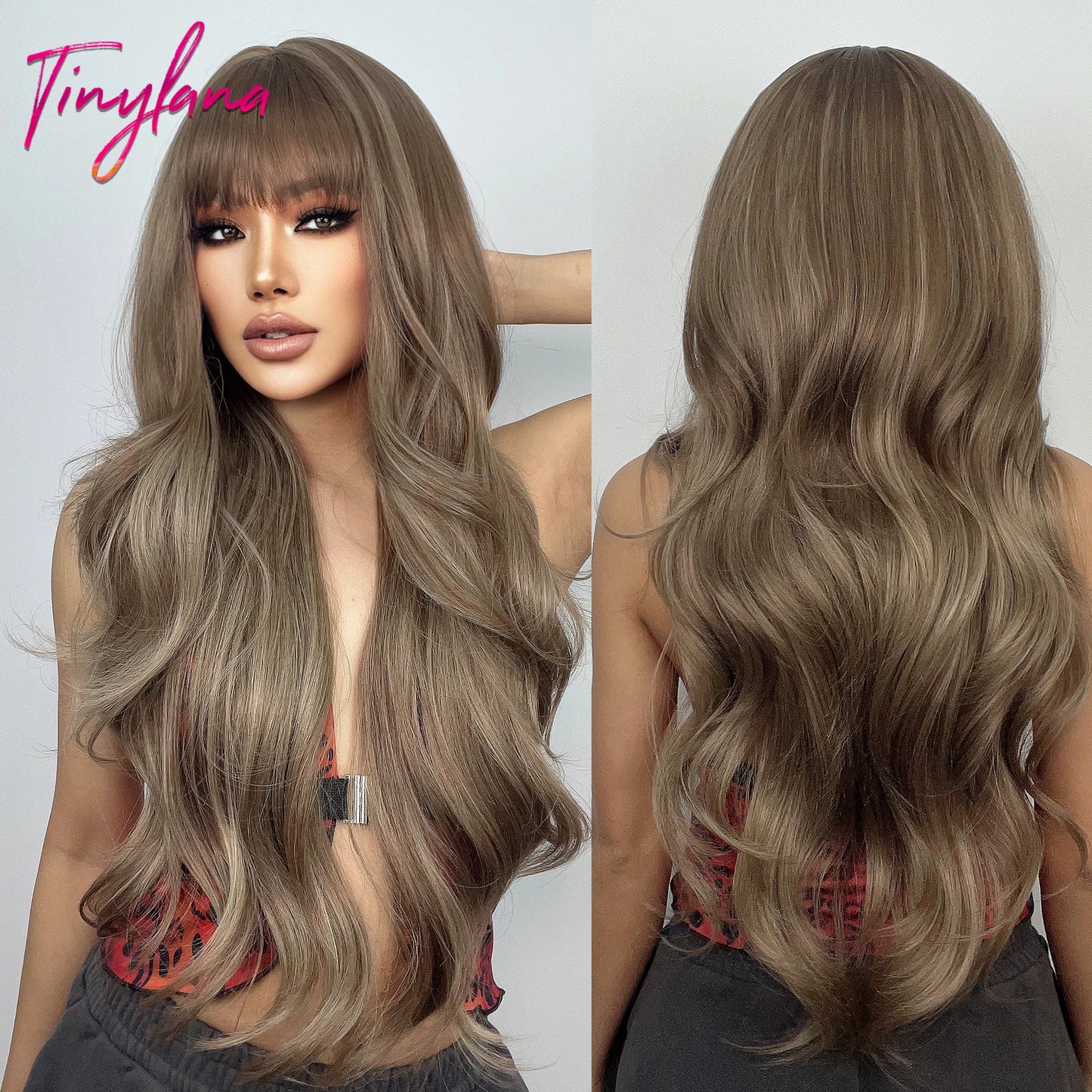 Long Wavy Gray Ash Brown Blonde Ombre Synthetic Wigs with Bangs Cosplay Natural Curly Hair Wig for Women Afro Heat Resistant