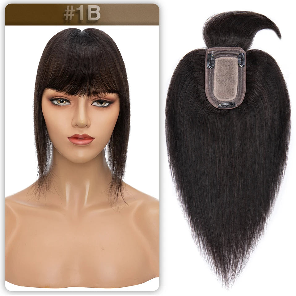 S-noilite Women Toppers Hair With Bangs Human Hair 7x13cm Silk Base Hair Cilp Wig Clip In Hair Extensions Hairpiece Natutal Hair