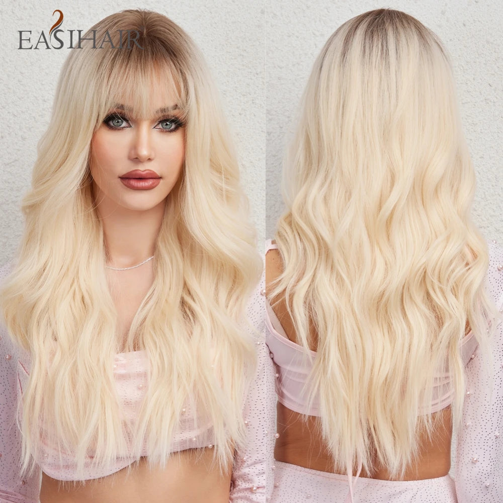 Ombre Light Brown Wigs with Bangs Blonde Highlight Long Curly Wavy Synthetic Wigs for Women Daily Cosplay Party Heat Resistant