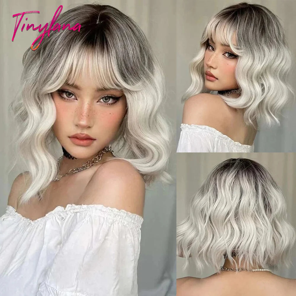 Bob Blue Curly Wavy Wigs with Bangs Short Colorful Cosplay Wigs for Women Afro Halloween DaiIy Natural Heat Resistant Fake Hair