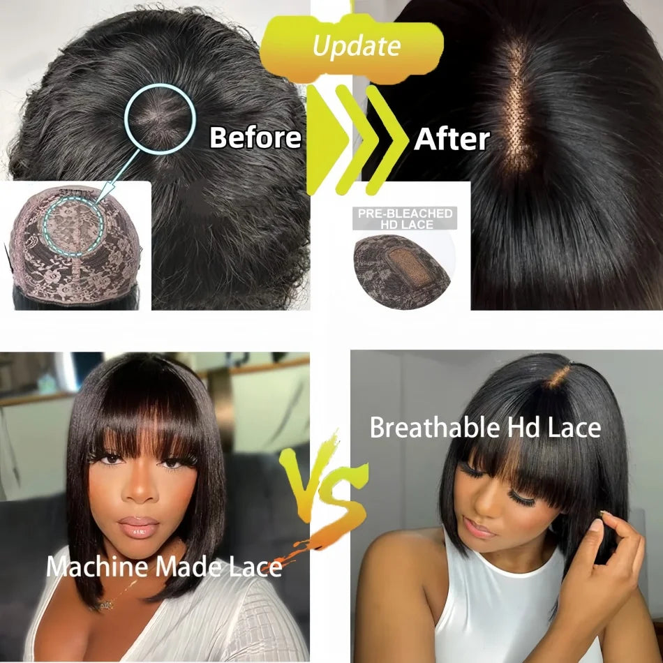 3X1 Middle Part Lace Bob Wig Bone Straight Human Hair Wigs With Bangs Brazilian Full Machine Made 100% Human Hair Wigs For Women