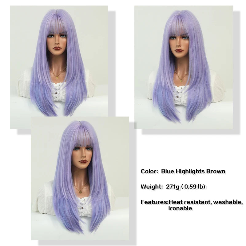 7JHH WIGS Long Wavy Purple Synthetic Wig for Women Daily Cosplay Party Natural Resistant Hair Wigs with Bangs Ombre Wigs