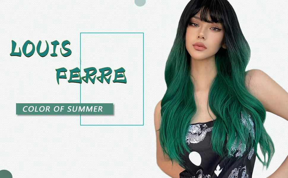 LOUIS FERRE Synthetic Black Green Ombre Long Wavy Curly Wig for Women Natural Hair With Bangs Cosplay Party Heat Resistant Wig