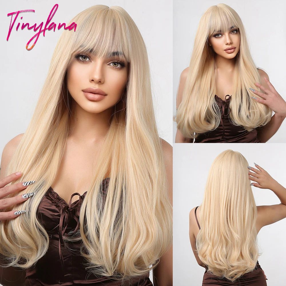 Blonde Ginger Yellow Lolita Cosplay Synthetic Wigs Long Curly Wavy Natural Hair with Bangs for Women Party Heat Resistant Wig