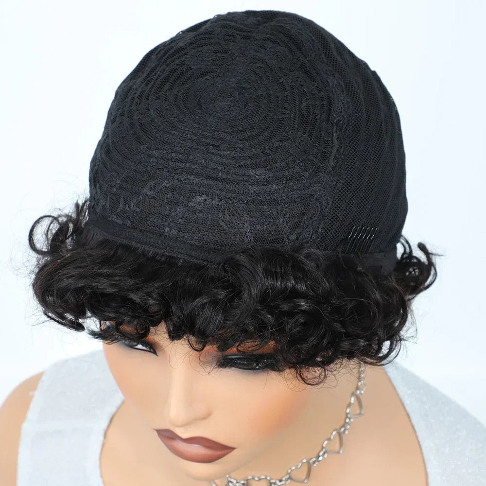 Brazilian Afro Puff Pixie Bob Wig 99J Natural Brown Full Machine Made Pre-Plucked Bangs 100% Human Hair For Black Women