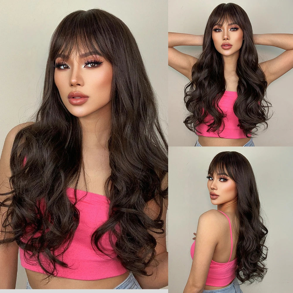 Pink Red Long Curly Wavy Synthetic Wigs Lolita Cosplay Hair With Bangs for Women Natural Water Wave Party Heat Resistant Wig