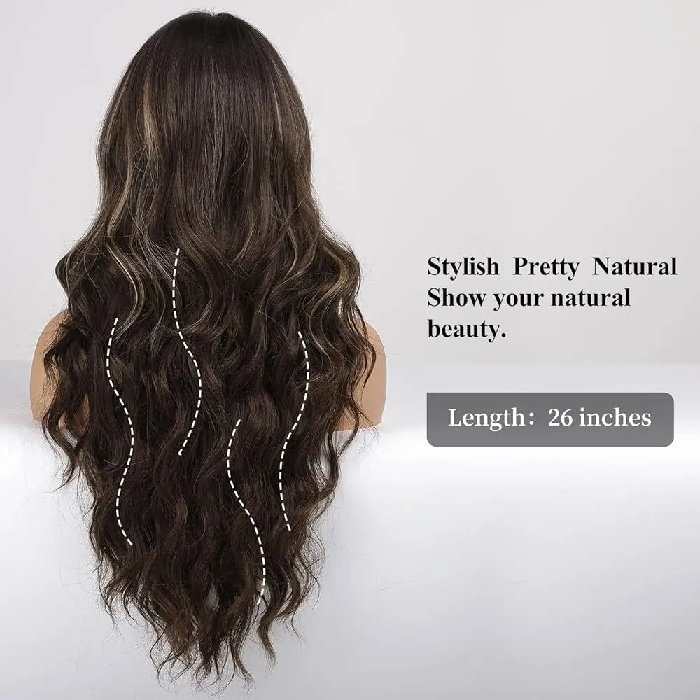 Dark Brown Synthetic Wigs with Bangs Long Curly Wavy Brown Wigs with Blonde Highlights for Afro Women Daily Party Heat Resistant