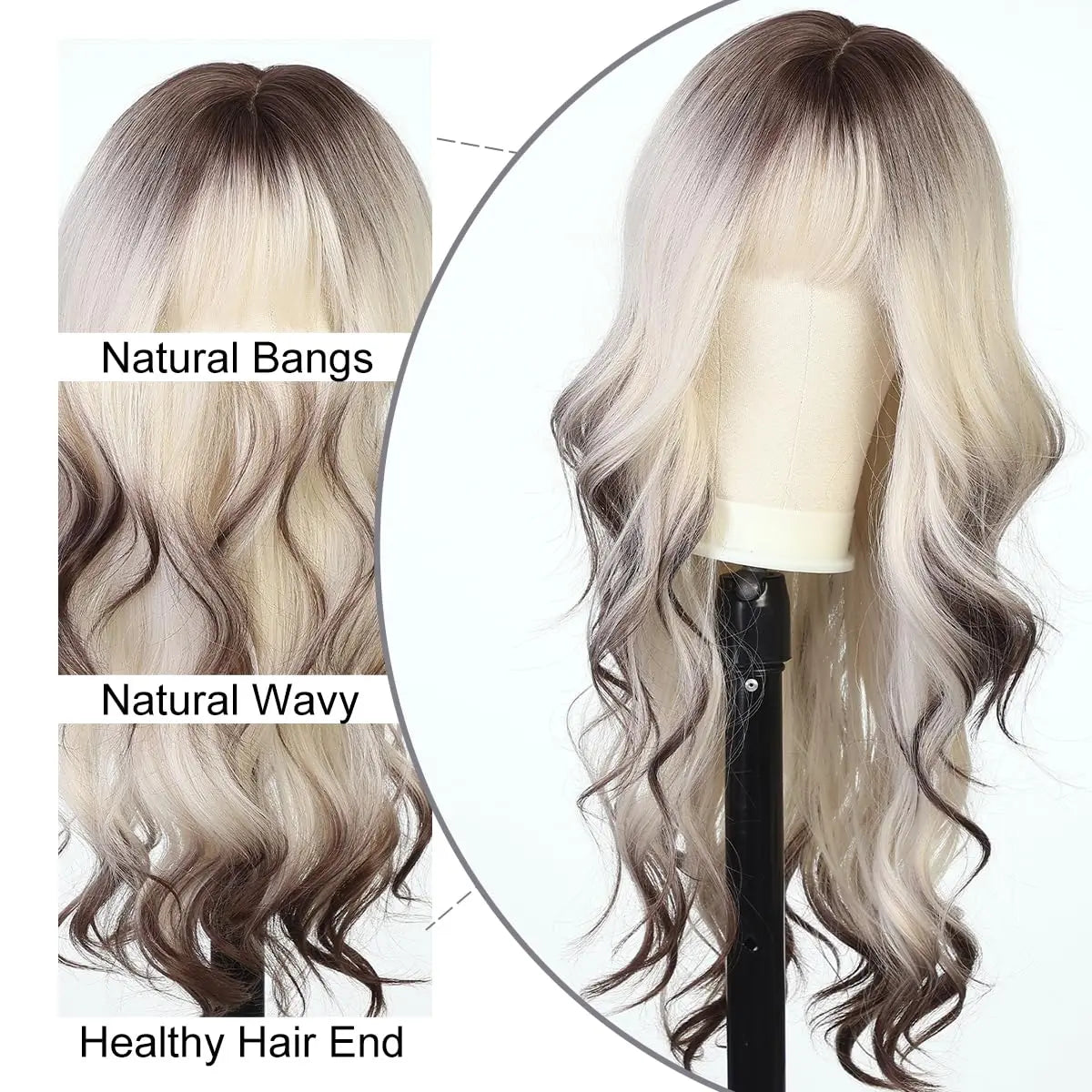ALAN EATON Ombre Blonde Brown Wave Synthetic Wig Long Natural Looking Hair Wigs with Bangs for Women Daily Heat Resistant Fiber