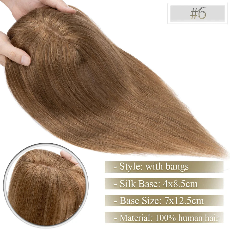 TESS Women Topper 7x12.5cm Hair Toppers With Bangs Natural Hair Wig Human Hair Silk Base Center Part Hair Clip In Hair Extension