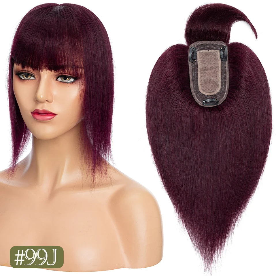 TESS Women Topper 7x12.5cm Hair Toppers With Bangs Natural Hair Wig Human Hair Silk Base Center Part Hair Clip In Hair Extension