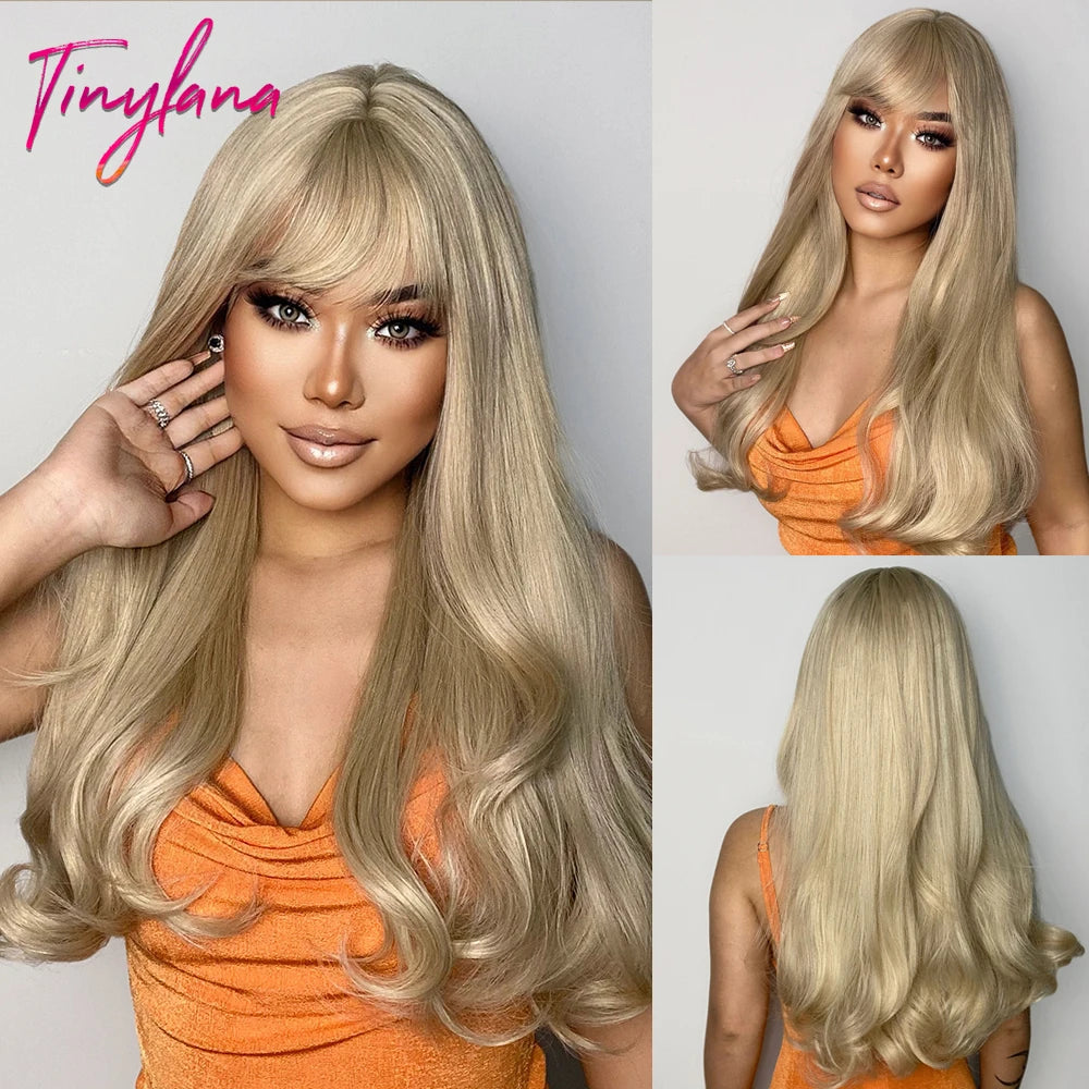 Blonde Ginger Yellow Lolita Cosplay Synthetic Wigs Long Curly Wavy Natural Hair with Bangs for Women Party Heat Resistant Wig