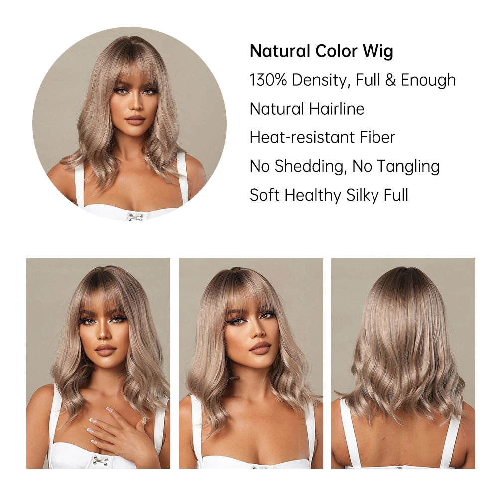 Rose Blonde Brown Short Bob Synthetic Wigs with Bangs Ash Blonde Natural Loose Wave Wig for Women Cosplay Heat Resistant Hair