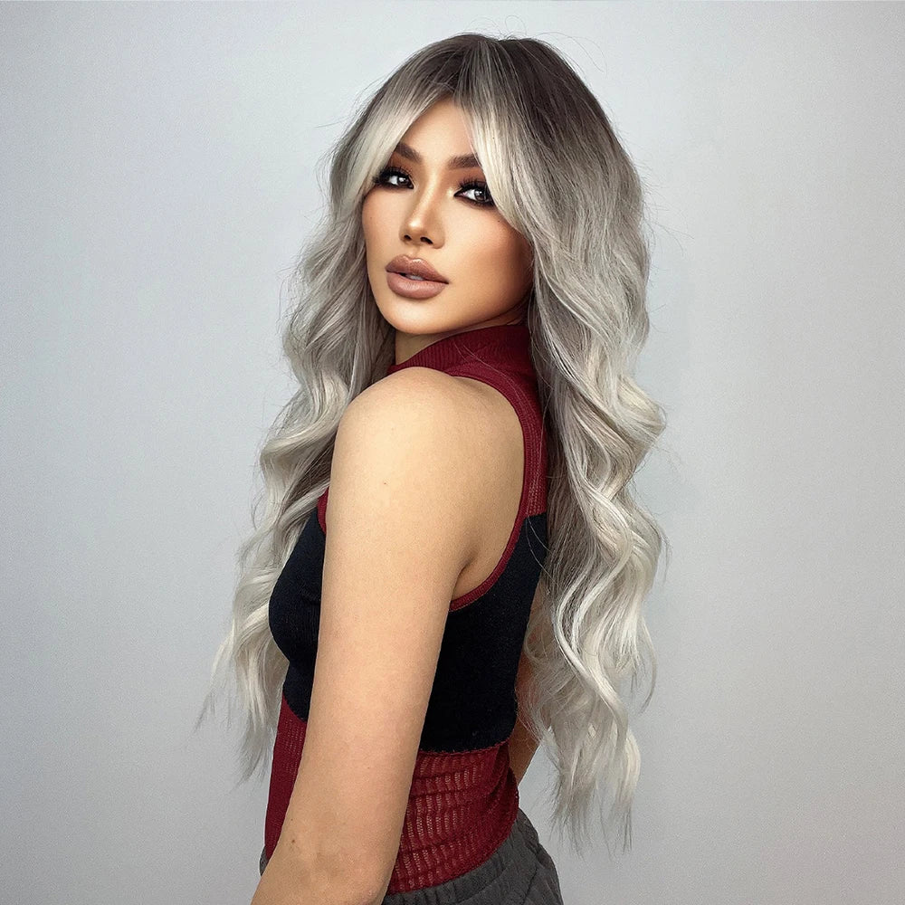 Long Wavy Gray Ash Brown Blonde Ombre Synthetic Wigs with Bangs Cosplay Natural Curly Hair Wig for Women Afro Heat Resistant