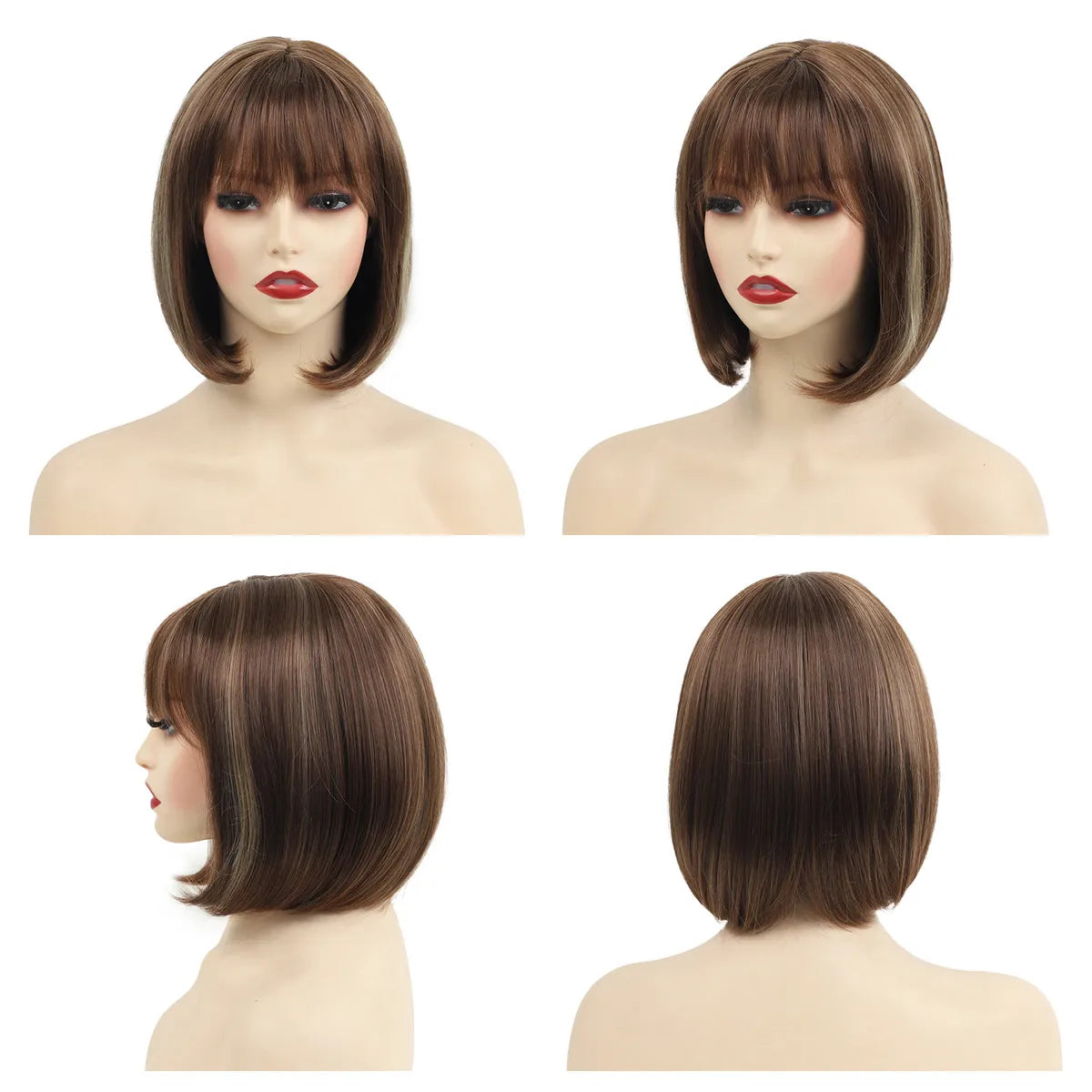 Women's Fashion Wig Natural Brown Short Bob Hair Wig with Side Bangs Daily Party Wigs for Women Female Heat Resistant Fake Hair