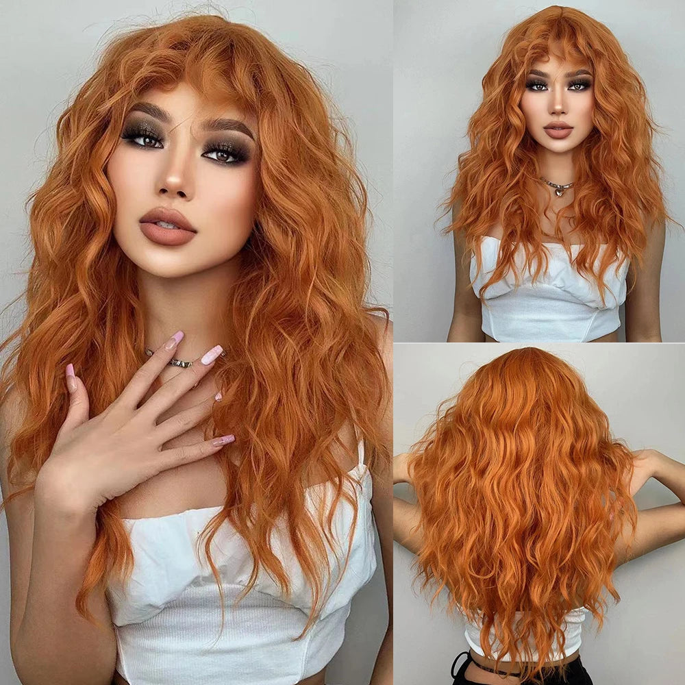 Orange Copper Red Yellow Synthetic Wigs Long Wavy Ginger Wig with Bangs for Women Natural Cosplay Body Wave Heat Resistant Hair