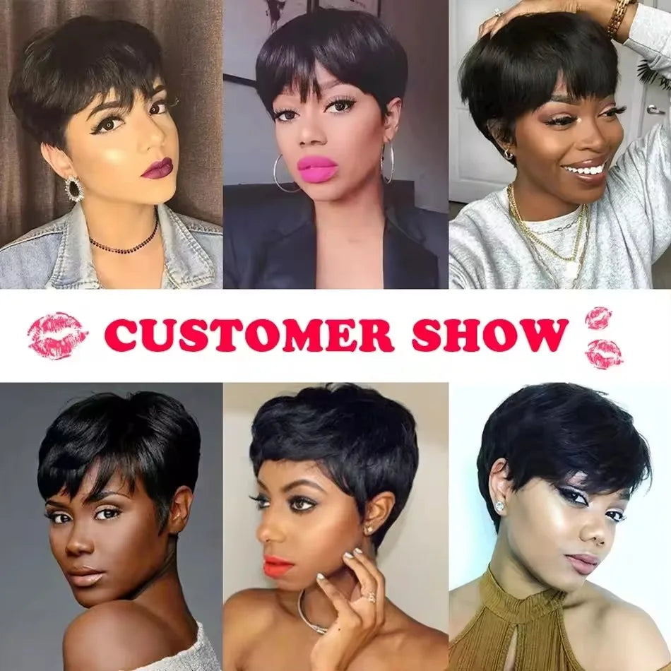 Pixie Cut Wigs Human Hair Short Bob Wig With Bangs Layered Pixie Cut Wig Brazilian Human Hair Full Machine Made Wig  For Women