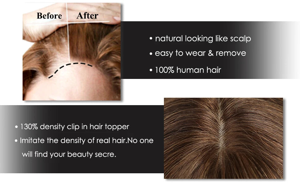 14 inch Hair Toppers for Women Brown Blonde Ombre Human Hair Toppers Silk Base Clips in Hair Extension Blonde Topper With Bangs