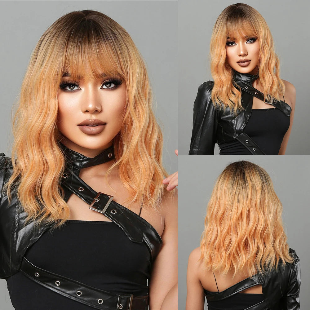 Rose Blonde Brown Short Bob Synthetic Wigs with Bangs Ash Blonde Natural Loose Wave Wig for Women Cosplay Heat Resistant Hair