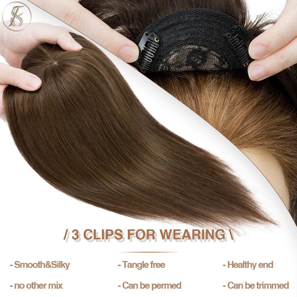 TESS Human Hair Toppers 8.5x8.5cm Women Topper 2cm Hair Vortex Natural Hair Wigs Center Crown Machine-made Hairpiece With Bangs