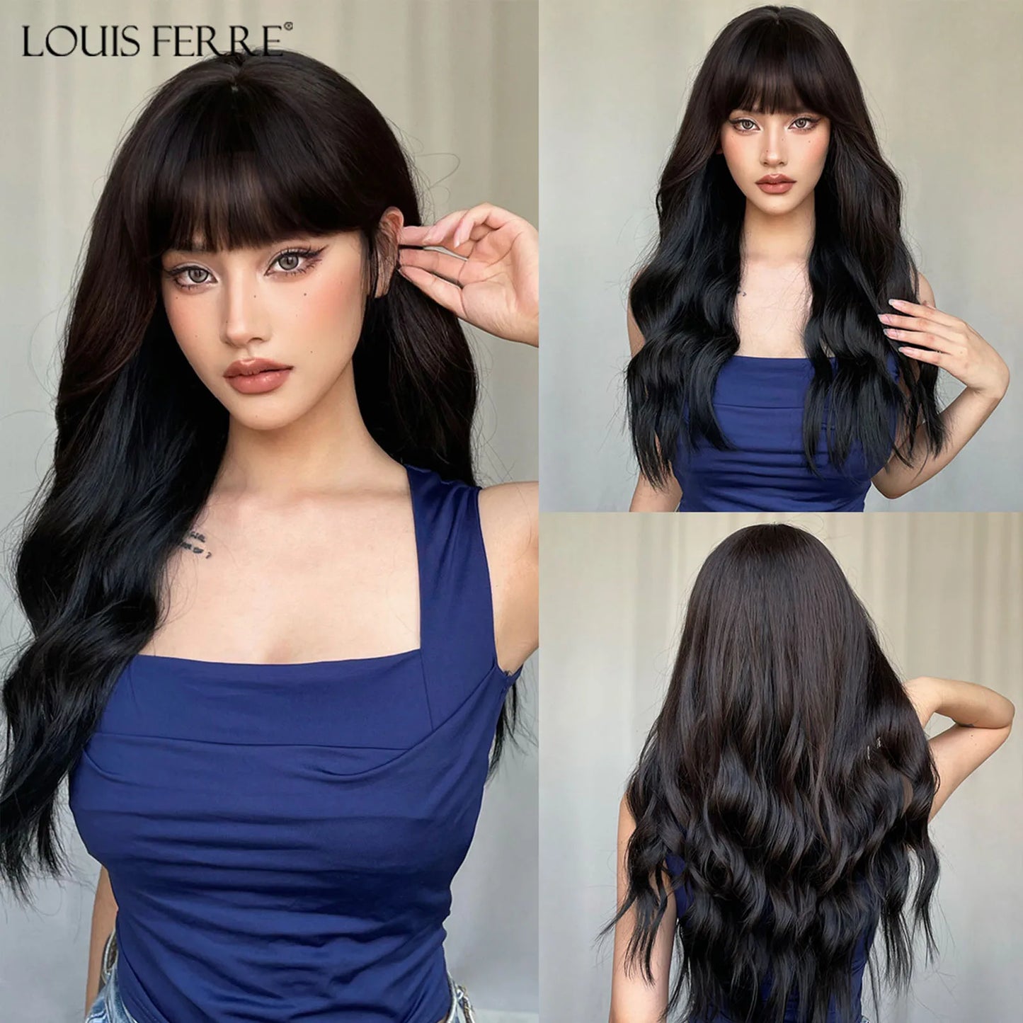 LOUIS FERRE Synthetic Black Green Ombre Long Wavy Curly Wig for Women Natural Hair With Bangs Cosplay Party Heat Resistant Wig
