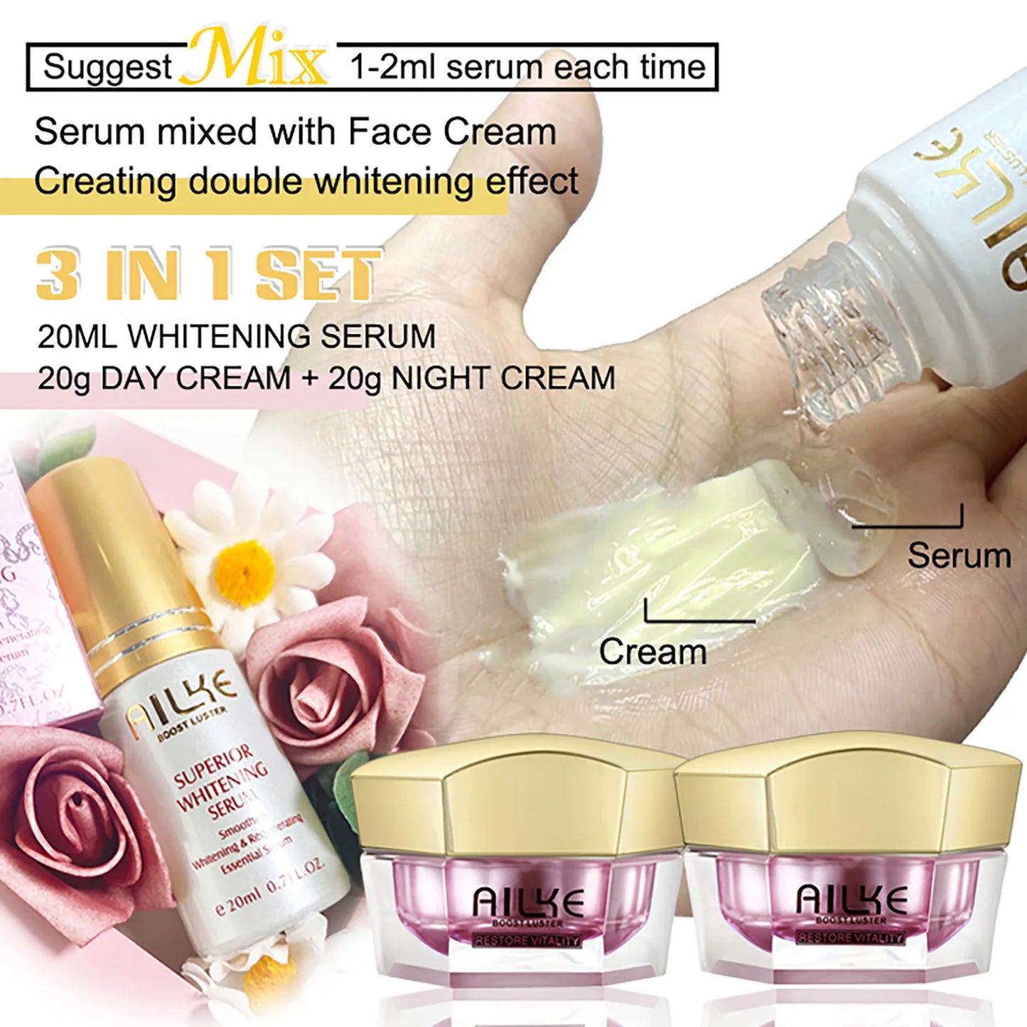 AILKE Lightening Anti-Wrinkle Face Cream With Collagen, Hyaluronic Acid, Whitening Skin Care Women Facial Moisturizer Set