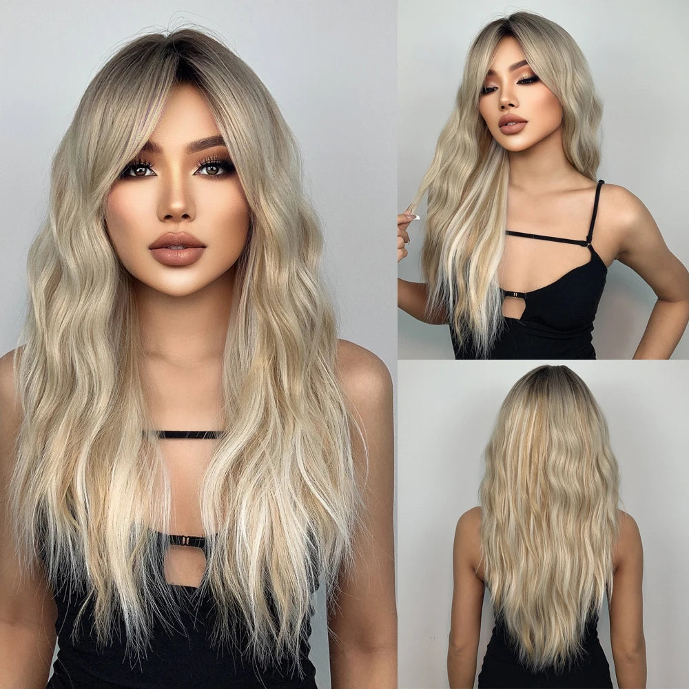 Pink Red Long Curly Wavy Synthetic Wigs Lolita Cosplay Hair With Bangs for Women Natural Water Wave Party Heat Resistant Wig