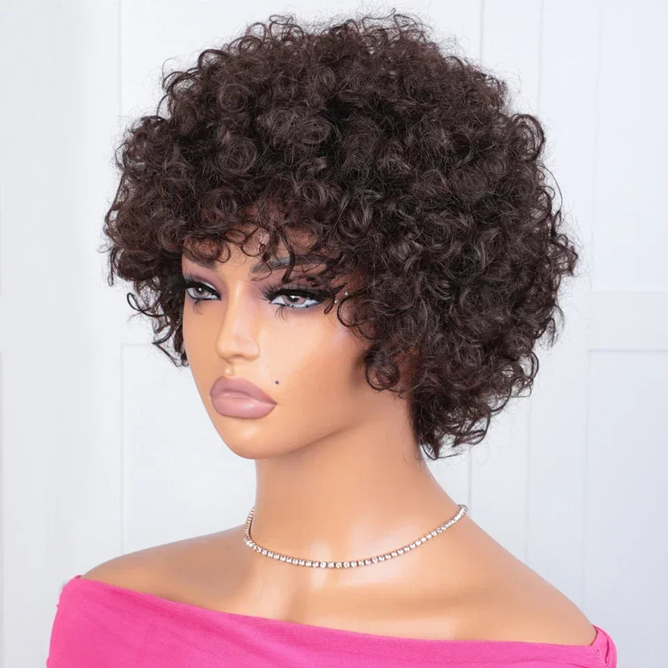 Brazilian Afro Puff Pixie Bob Wig 99J Natural Brown Full Machine Made Pre-Plucked Bangs 100% Human Hair For Black Women