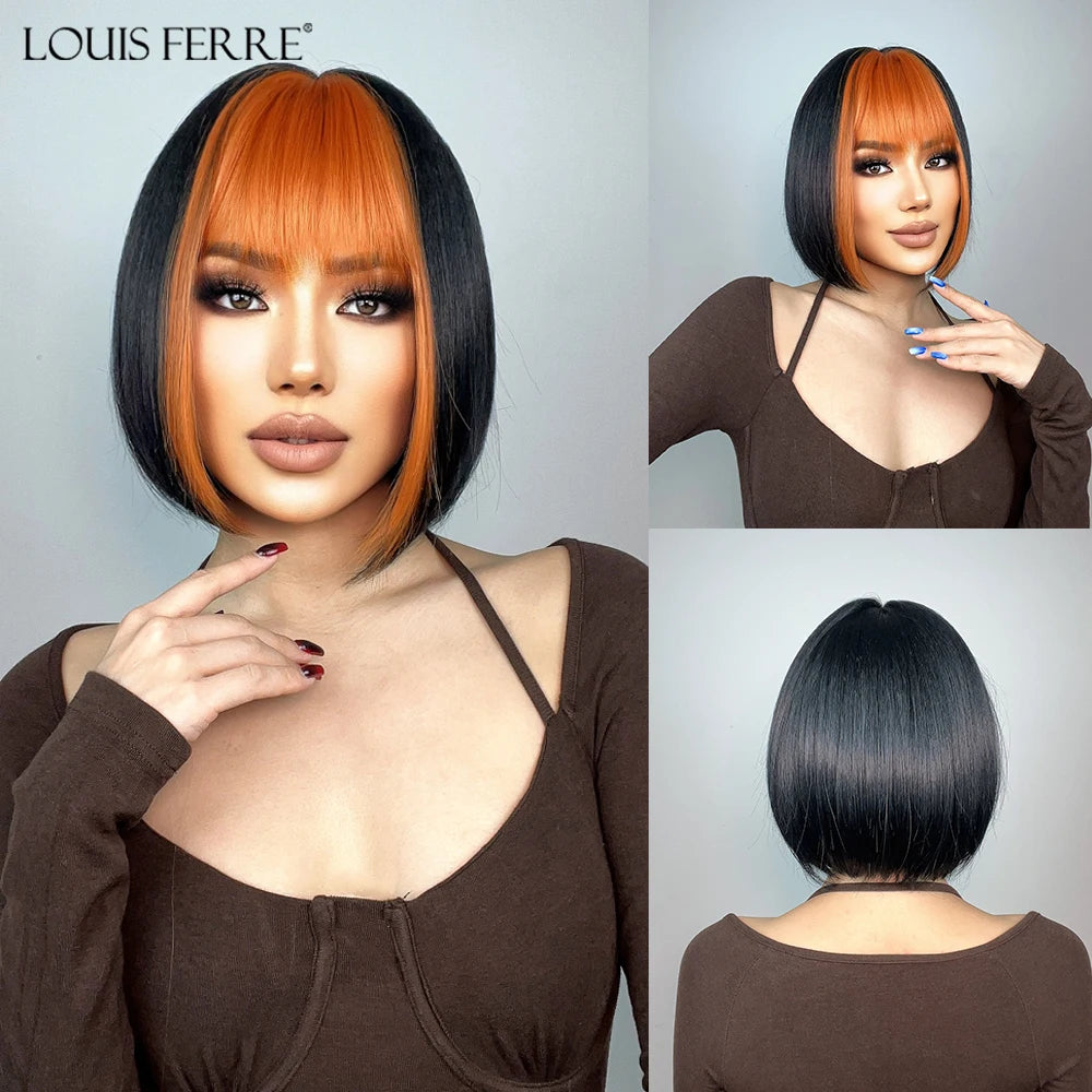 LOUIS FERRE Blonde Short Bob Wigs with Bangs Heat Resistant Synthetic Daily Cosplay Ombre Blonde Hair Wigs for White/Black Women