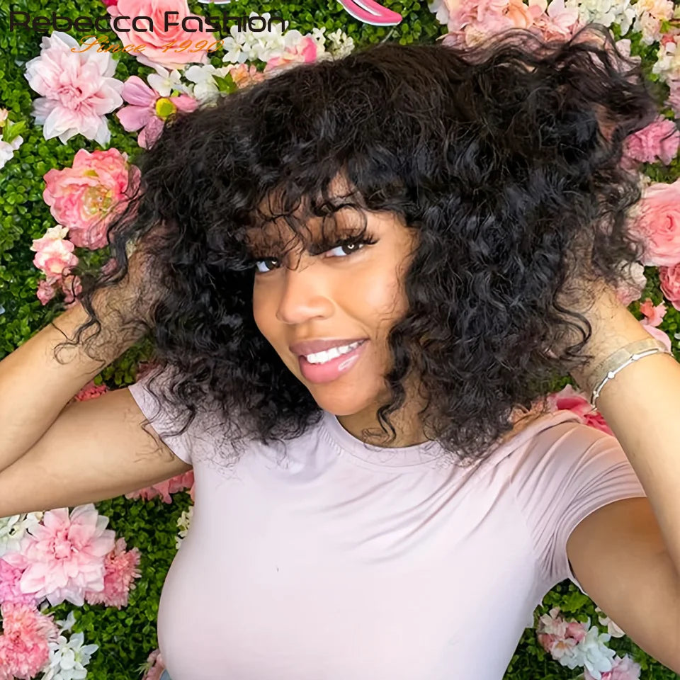 Jerry Curly Short Bob Human Hair Wigs With Bangs Wear To Go Glueless Wig Ombre 99J Water Wave Blonde Colored Wig For Women