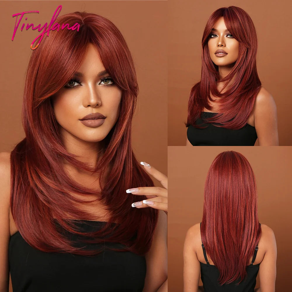 Long Brown Blonde Straight Synthetic Wig with Bangs Brown Ombre Cosplay Layered Wigs for Women Party Heat Resistant Natural Hair