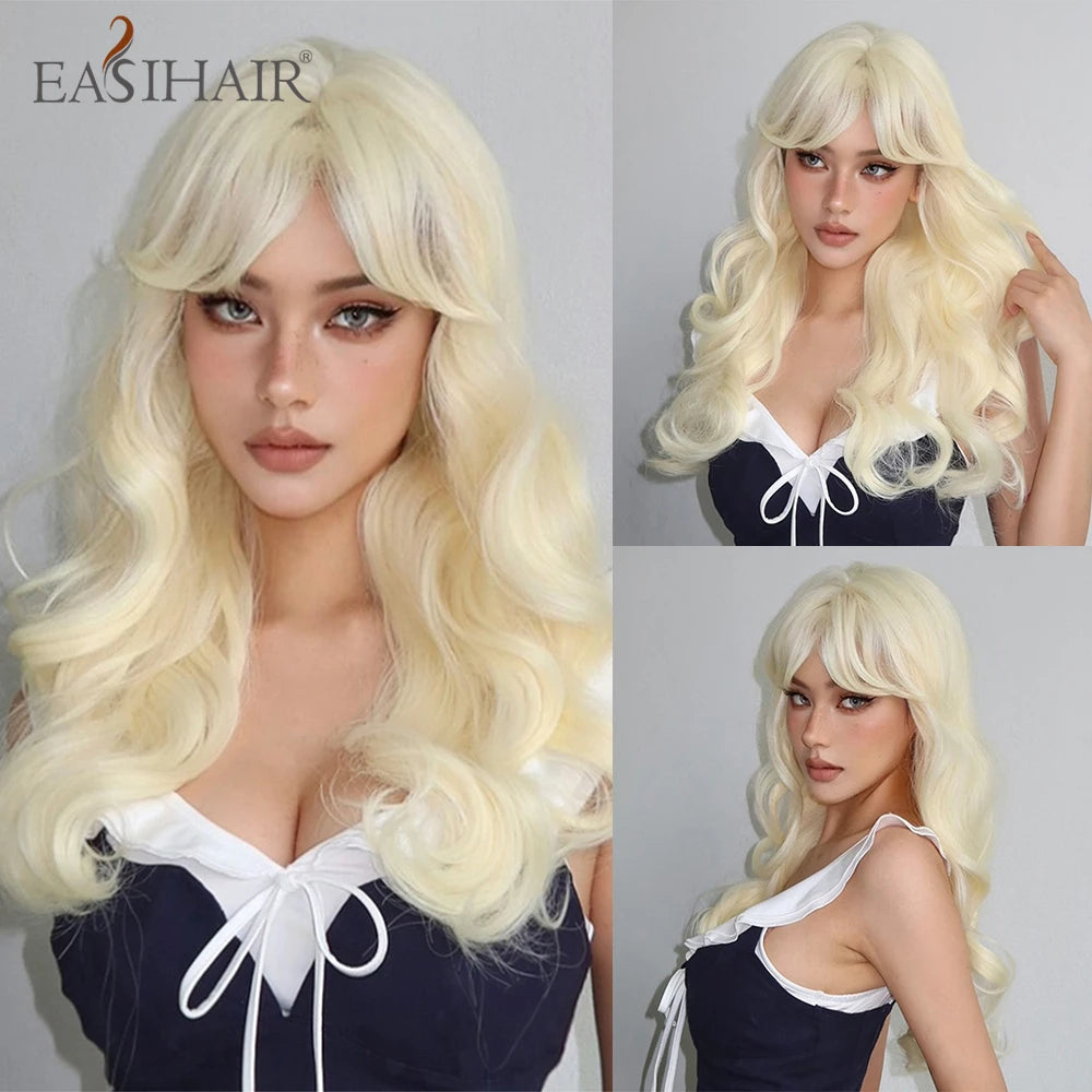 EASIHAIR Ash Blonde Wavy Cosplay Wigs with Bangs Natural Long Synthetic Hairs for Women Lolita Party Heat Resistant Fibers Wig
