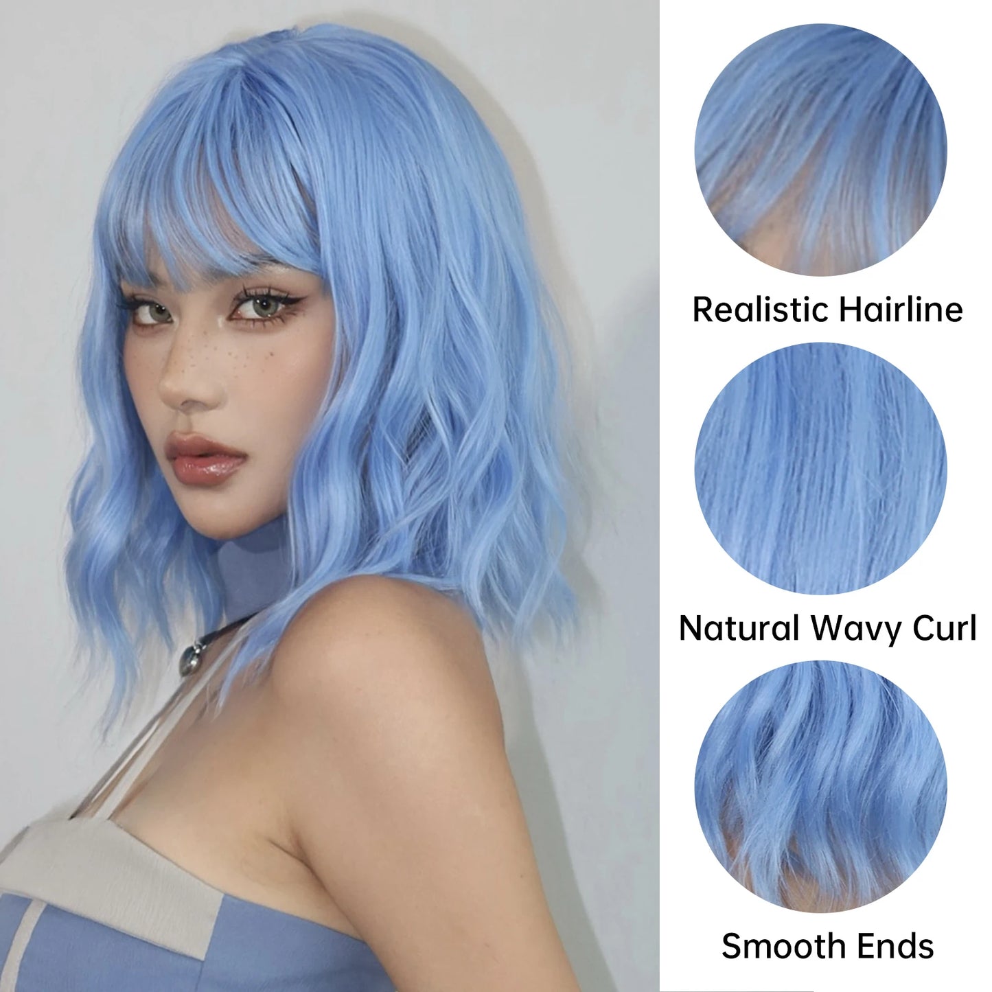 Bob Blue Curly Wavy Wigs with Bangs Short Colorful Cosplay Wigs for Women Afro Halloween DaiIy Natural Heat Resistant Fake Hair