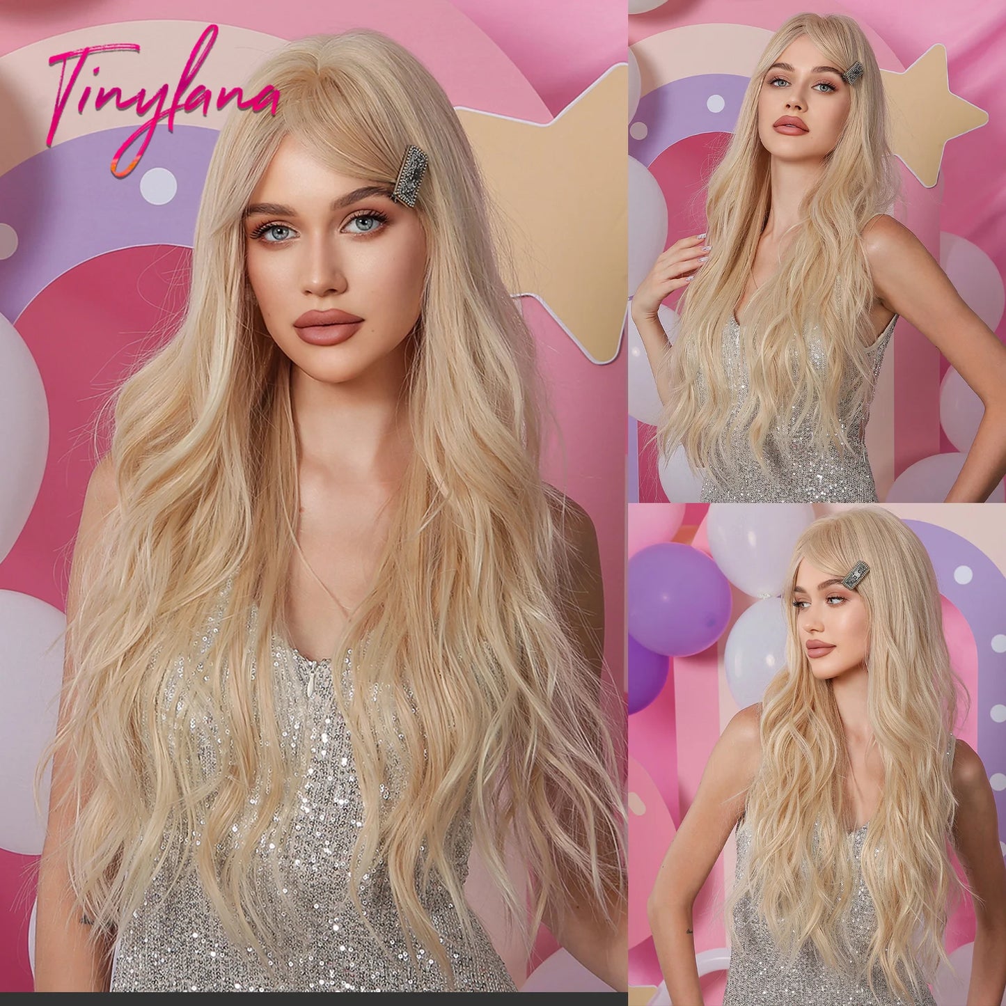 Long Curly White Platinum Synthetic Wigs with Bangs for Women Afro Cosplay Lolita Wavy Wig Natural Hair Heat Reisitant Daily Use