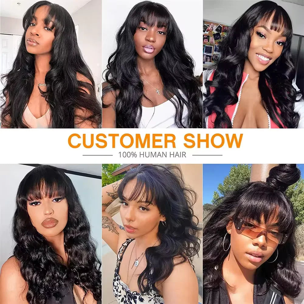 30 Inch Body Wave Human Hair Wigs With Bangs Full Machine Made Scalp Wig For Women Brazilian Remy Hair Fringe Bangs Wig 30 Inch