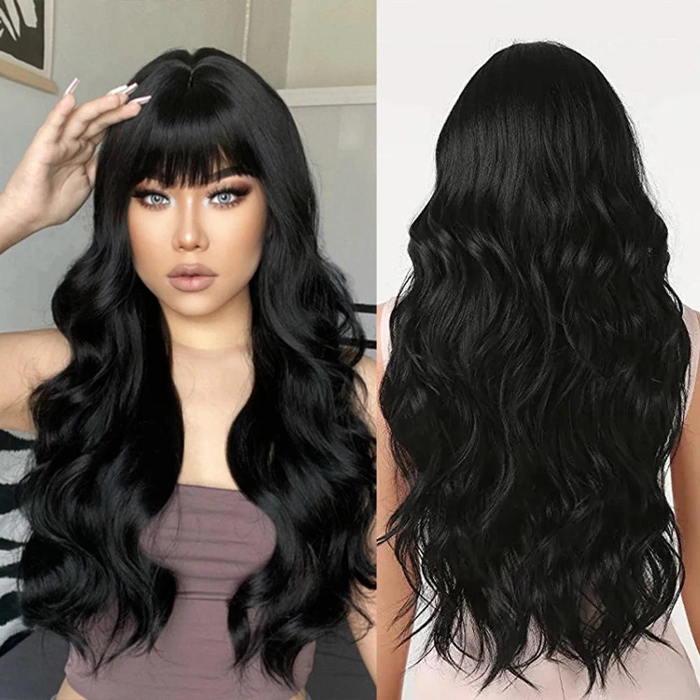 Long Wavy Gray Ash Brown Blonde Ombre Synthetic Wigs with Bangs Cosplay Natural Curly Hair Wig for Women Afro Heat Resistant