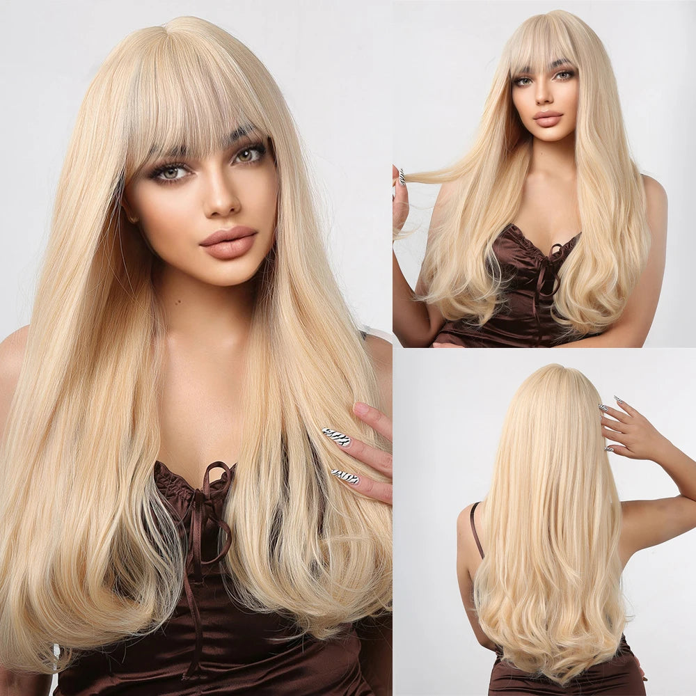 ALAN EATON Ombre Blonde Brown Wave Synthetic Wig Long Natural Looking Hair Wigs with Bangs for Women Daily Heat Resistant Fiber