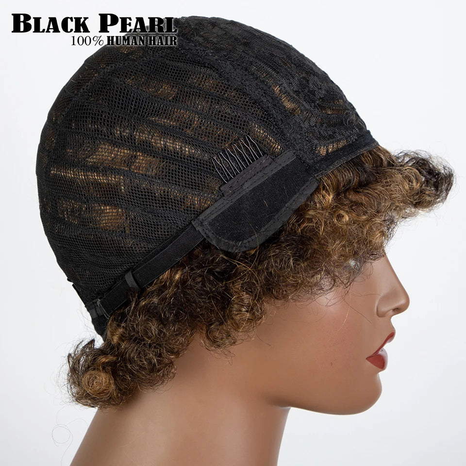 Short Curly Human Hair Wigs with Bangs Human Hair Wig for Black Women Short Curly Bob Glueless Wig Brown Mixed Blonde