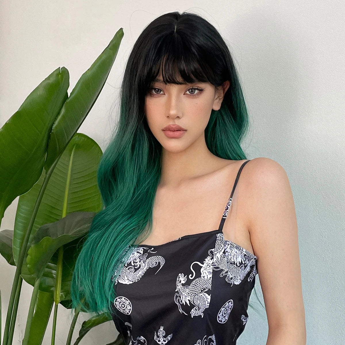 LOUIS FERRE Synthetic Black Green Ombre Long Wavy Curly Wig for Women Natural Hair With Bangs Cosplay Party Heat Resistant Wig