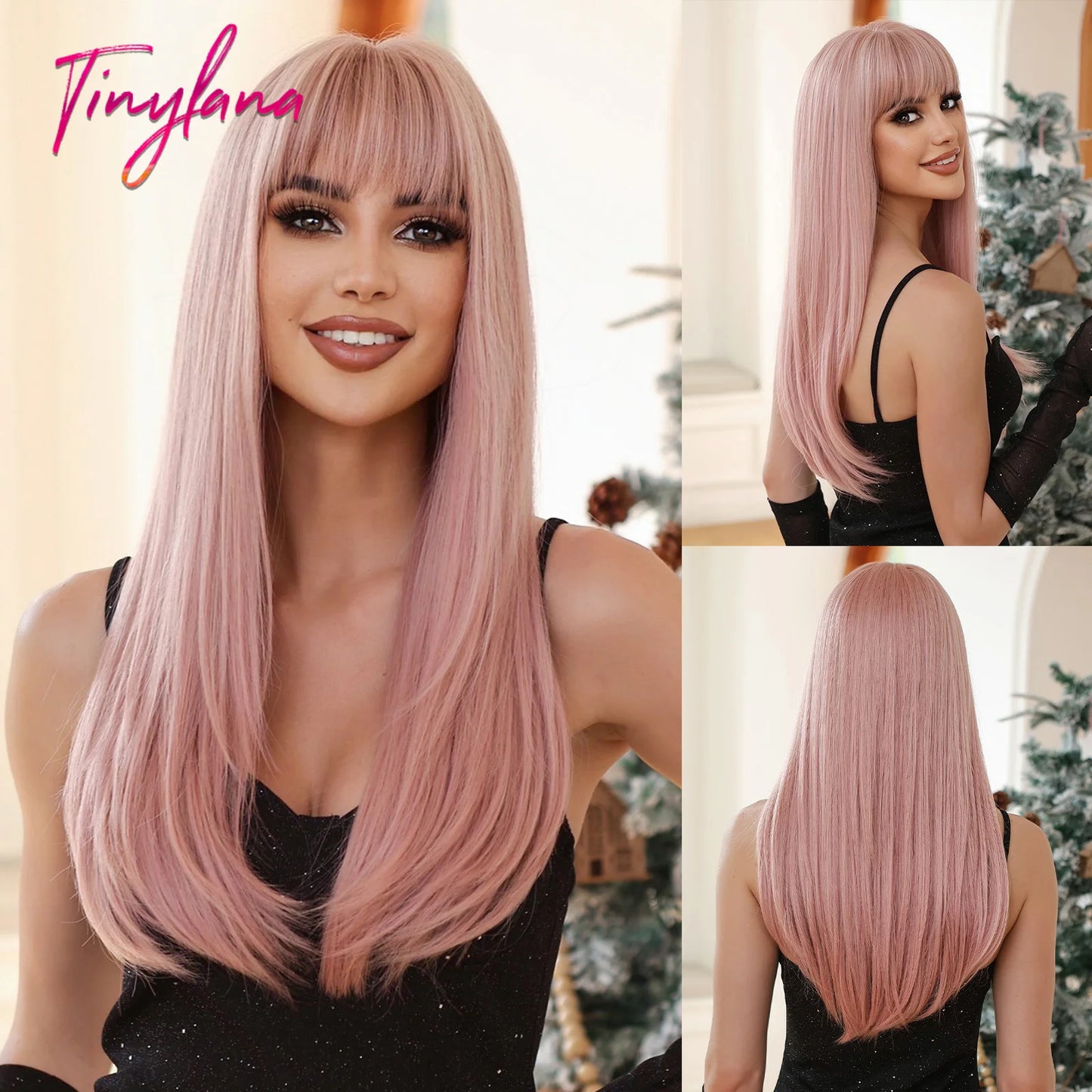 Long Straight Pink Mixed White Synthetic Wigs with Bangs Halloween Cosplay Colorful Wigs for Women Natural Hair Heat Resistant