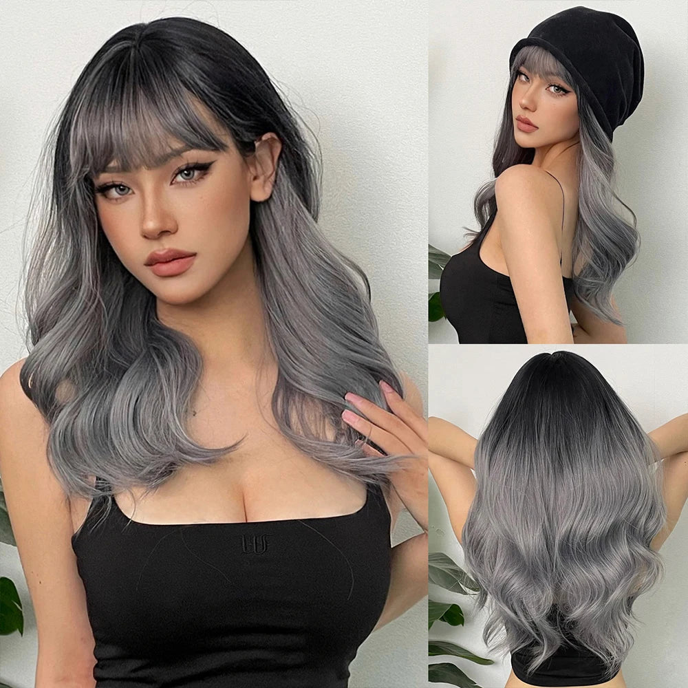 LOUIS FERRE Dark Brown Long Wavy Natural Hair Women's Synthetic Wig With Bangs Long Water Wave Daily Cosplay Hair Heat Resistant